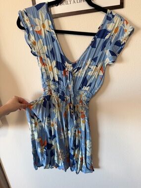 Angie Light Blue Floral Mini Dress with Navy & Orange Accents